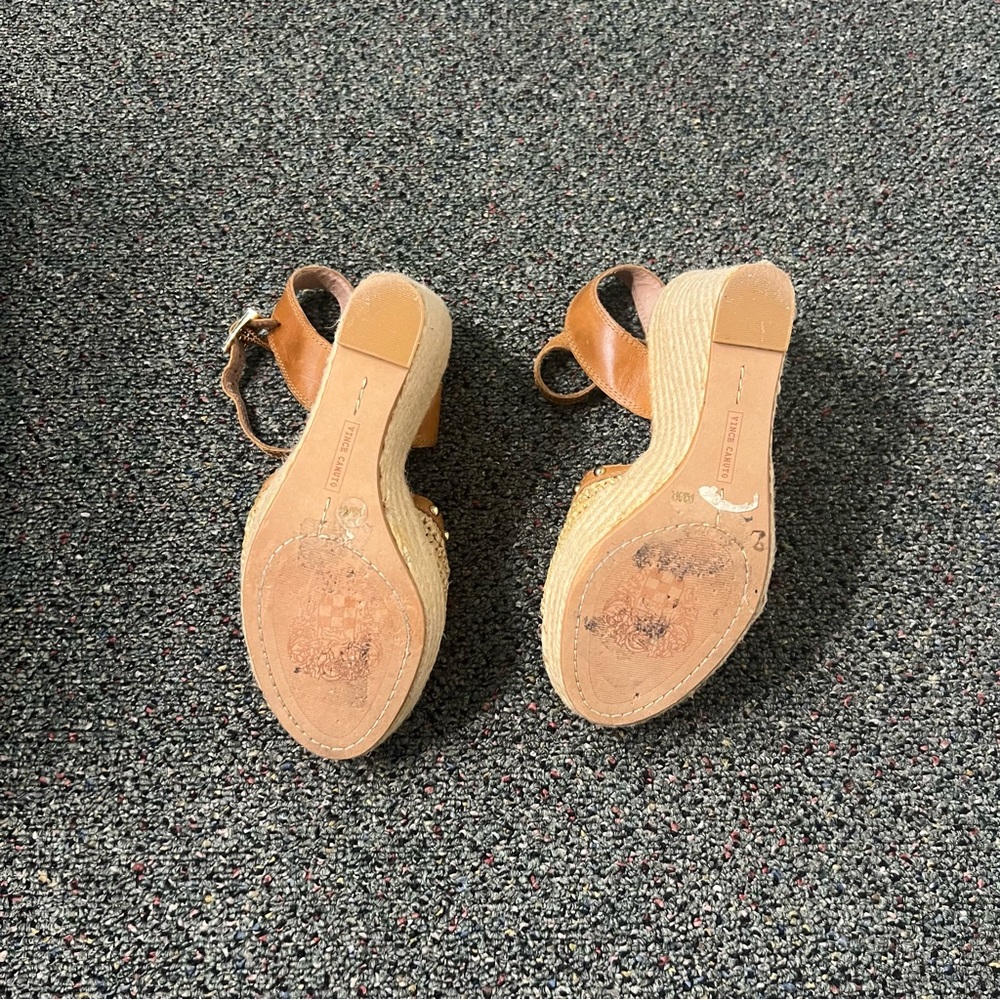 VINCE CAMUTO Neutral Brown & Cream Straw Open-Toe Stud Espadrilles Wedges Shoes - Picture 13 of 16